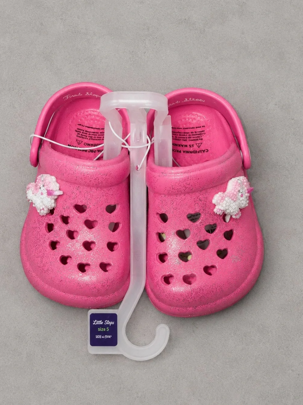 NWT - Hot Pink First Steps Glitter Pink Crocs With Unicorn Charms Infant Size 5